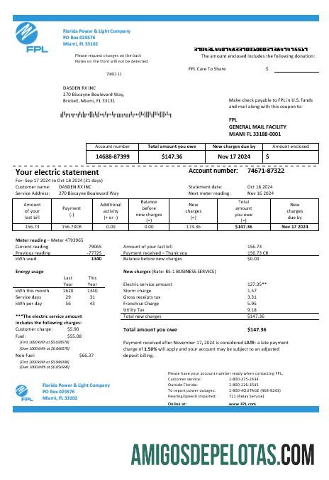 imprimível Modelo de conta de serviços públicos de eletricidade da USA Florida Power & Light Company (FPL) em formatos Word e PDF